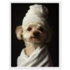 Blanco perro con toalla de ducha, estilo de retrato, mascotas, cuidado, tocador, ambiente doméstico, estilo realista, fotografía artística, ilustración digital.