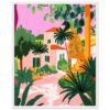 Casa en estilo moderno con jardines tropicales y palmeras, pintura digital vibrante y artística.