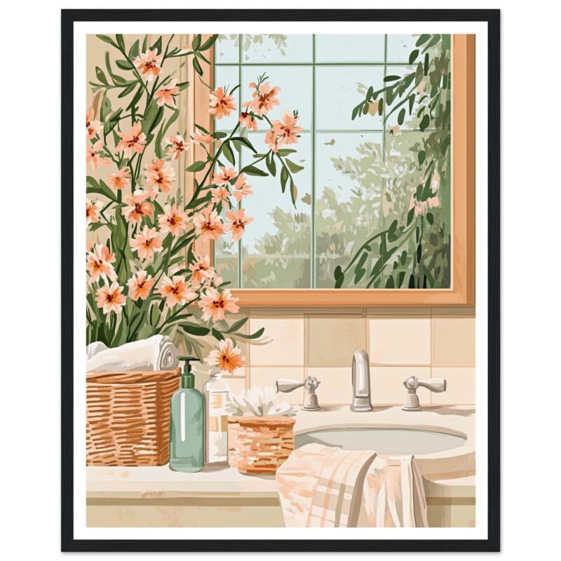 Rosas en la ventana del baño, decoración floral y natural en espacios interiores.
