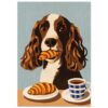 Perro con croissants y taza de café, arte digital de estilo realista, imagen moderna, creatividad en ilustración canina.
