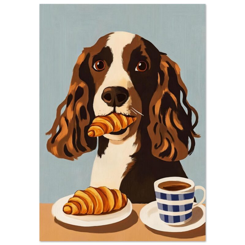 Perro con croissants y taza de café, arte digital de estilo realista, imagen moderna, creatividad en ilustración canina.