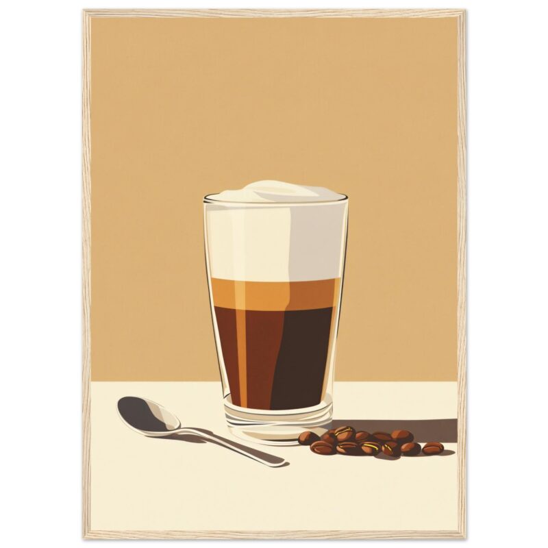 Café con leche y espuma en vaso con granos de café y cucharilla, arte digital para proyectos de diseño y fotografía de comida.