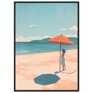 Puesta de sol en la playa con sombrilla y mujer con sombrero en estilo ilustración digital.