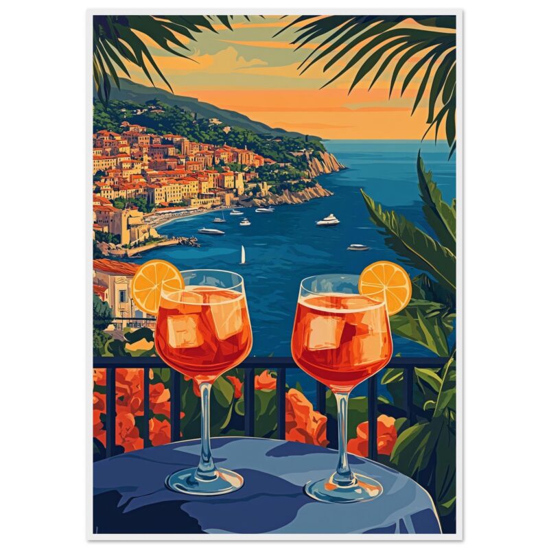 Vistas de la costa italiana con cócteles en primer plano, en estilo digital artístico, entorno de vacaciones y relajación en el Mediterráneo.