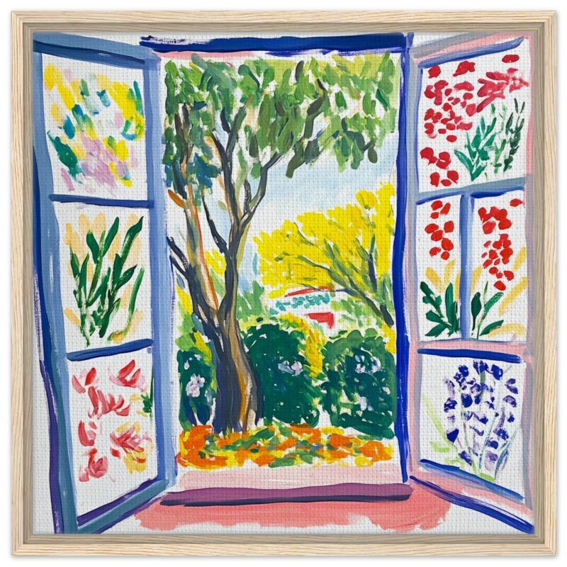 Jardín pintado a mano con flores y árboles en estilo impresionista.