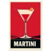Cóctel Martini en estilo vintage con fondo rojo y tipografía clásica. Diseño artístico y elegante para promocionar bebidas y cócteles.