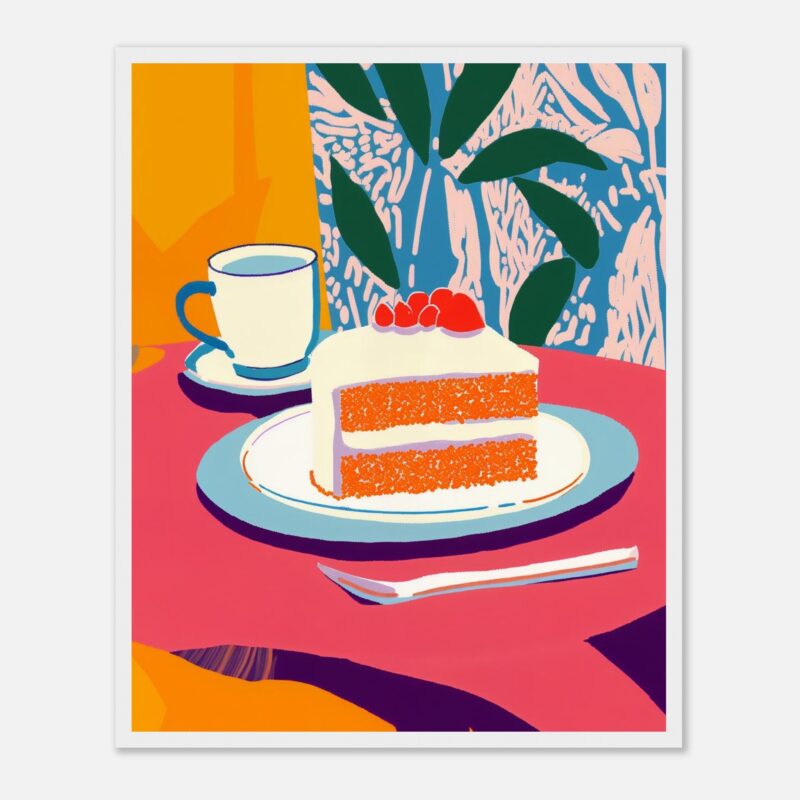 Pastel digital de una rebanada de pastel de zanahoria con glaseado y frambuesas sobre un plato blanco.