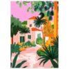 Casa de estilo mediterráneo con jardín tropical y palmeras bajo cielo rosa pastel.