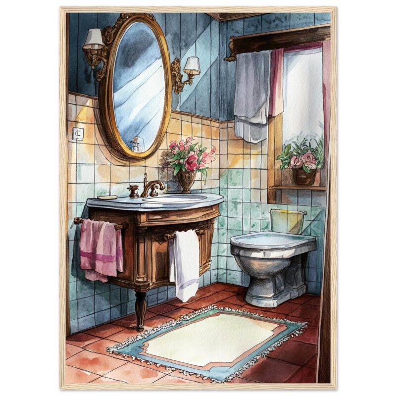 Espejo ovalado en un baño con decoracion clásica y flores en jarrón.