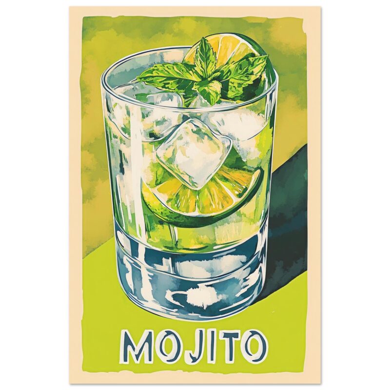Refresco mojito con limón, menta y hielo en vaso transparente, estilo pintura digital.