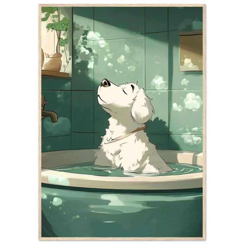 e67293ba-c78c-4e6f-90b3-7557bb67a3d3.jpg Relieve de imagen, consola, artista digital, ilustración de perro en baño, arte digital para mascotas, dibujo de perro en bañera, ilustración de animales en baños, arte digital mascotas, protagonista perro feliz, dibujo digital de perro en ducha.
