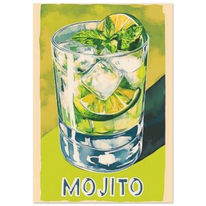 Refresco mojito con hielo, limón y menta en vaso transparente.