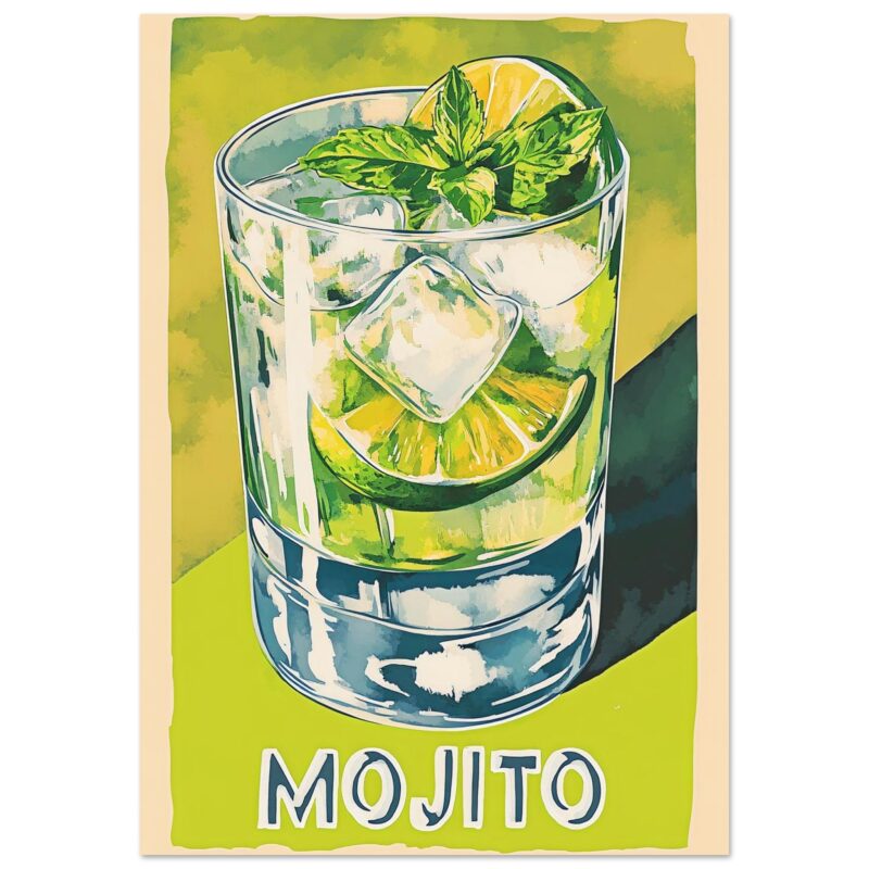 Refresco mojito con hielo, limón y menta en vaso transparente.