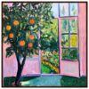 Árbol frutal con naranjas en interior con vista a jardín exterior, en estilo pintura acrílica.