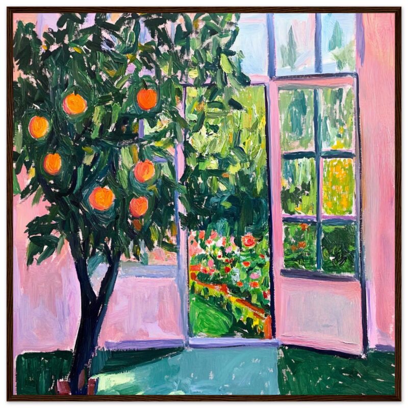 Árbol frutal con naranjas en interior con vista a jardín exterior, en estilo pintura acrílica.