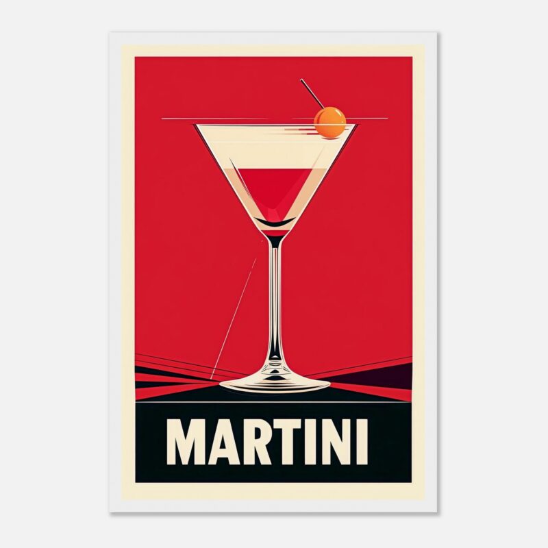 Cóctel Martini en estilo vintage con fondo rojo vibrante y diseño moderno.