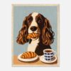 Perro con croissant en boca, desayunando café, arte digital, ilustración moderna, estilo divertido y adorable.