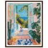 Puerta con vista al mar y plantas tropicales, pintura moderna de estilo vibrante.