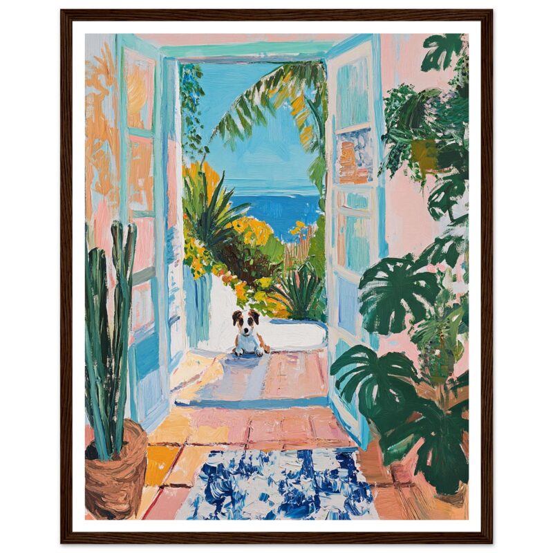Puerta con vista al mar y plantas tropicales, pintura moderna de estilo vibrante.