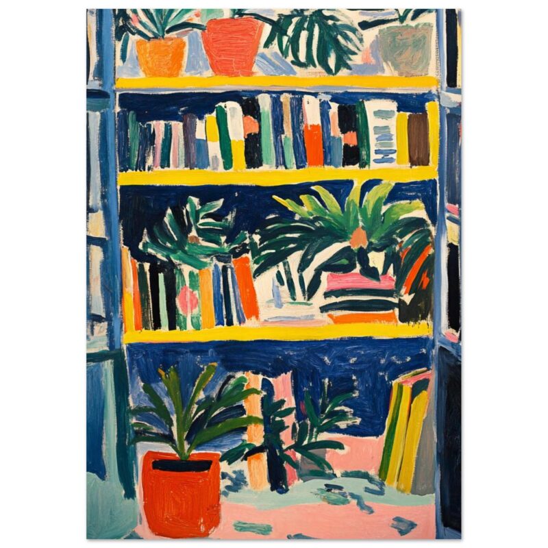 Librería con plantas decorativas en pintura acrílica, estilo moderno y vibrante.