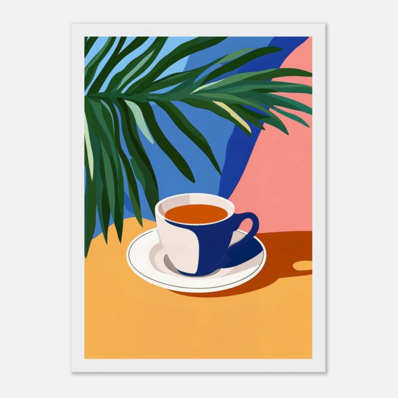 Taza de café con fondo colorido y planta en estilo digital, arte moderno y decoración.