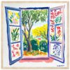 Viñeta de ventana abierta con vista a un jardín colorido, estilo pintura acrílica.