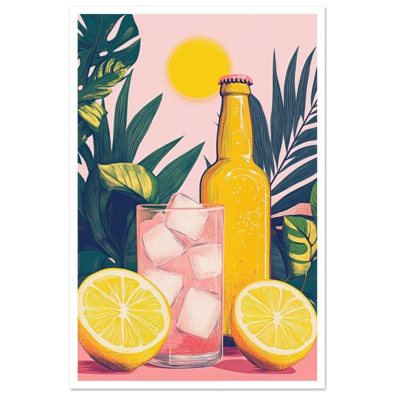 Refresco de limón con hielo y botella de bebida en un entorno tropical.
