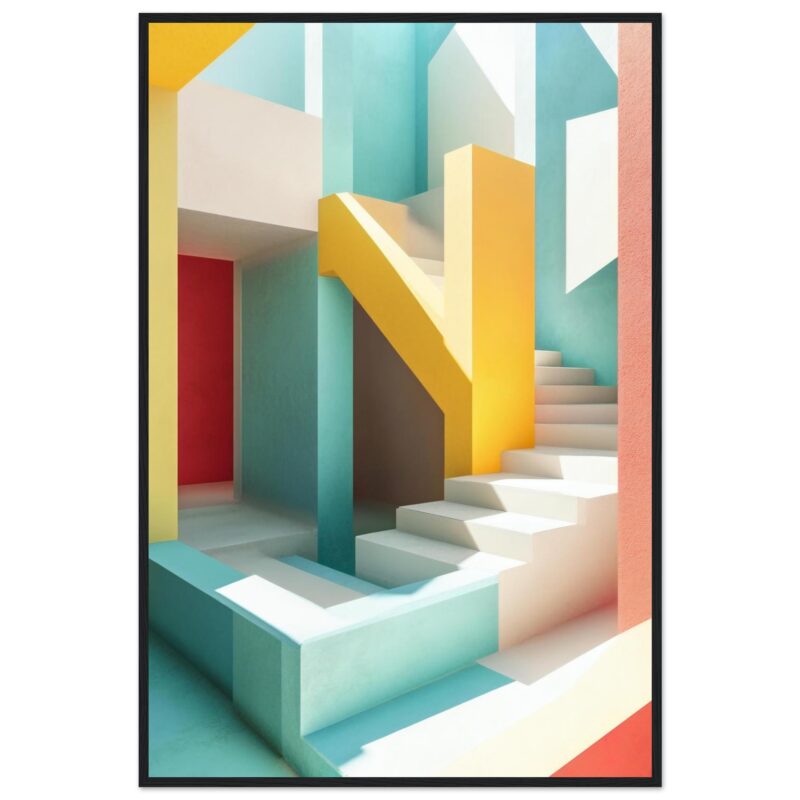 Puerta de escalera con coloridos muros en estilo moderno y abstracto.