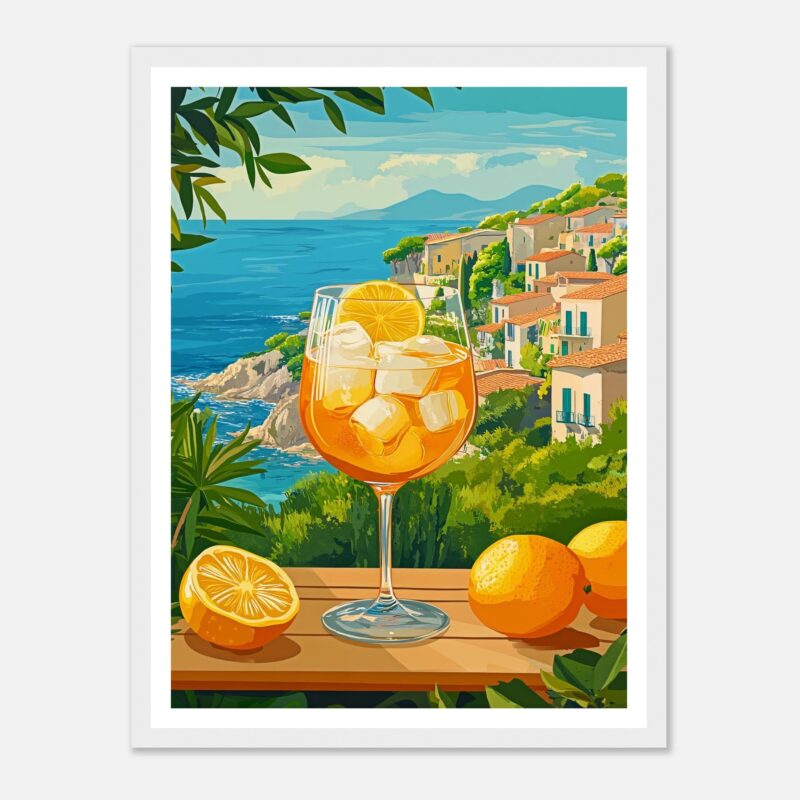 Refresco de limón en copa con hielo, vistas al mar y pueblos costeros, ambiente tropical.