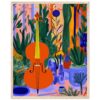 Lámina de pintura moderna con violín rodeado de plantas y jarrones en colores vibrantes.