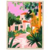 Casa colorida con jardín tropical, plantas verdes y árboles en estilo ilustración artística.