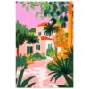 Casa tropical rodeada de palmeras y vegetación en estilo ilustración vibrante.