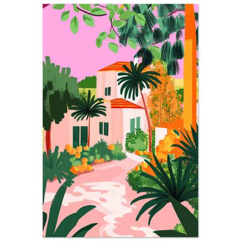 Casa tropical rodeada de palmeras y vegetación en estilo ilustración vibrante.