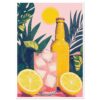 Refresco de limón con hielo y botella en estilo ilustración digital, tropical y veraniega.