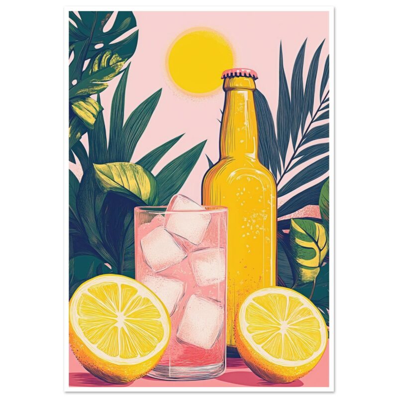 Refresco de limón con hielo y botella en estilo ilustración digital, tropical y veraniega.