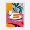 Tarta de zanahoria con glaseado y frutas rojas, estilo ilustración moderna y colorida.