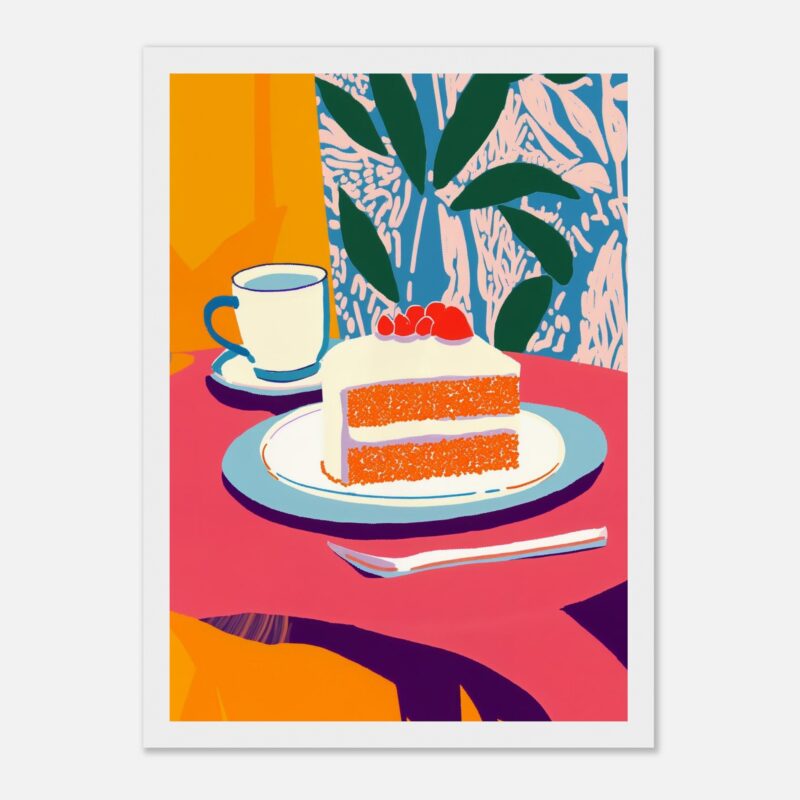 Tarta de zanahoria con glaseado y frutas rojas, estilo ilustración moderna y colorida.