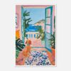 Hermosa pintura que muestra un balcón con vista al mar, rodeado de plantas y un perro sentado, estilo vibrante y colorido.