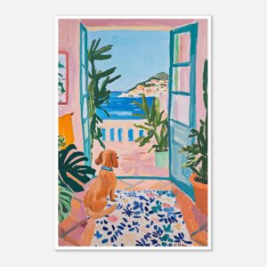 Hermosa pintura que muestra un balcón con vista al mar, rodeado de plantas y un perro sentado, estilo vibrante y colorido.