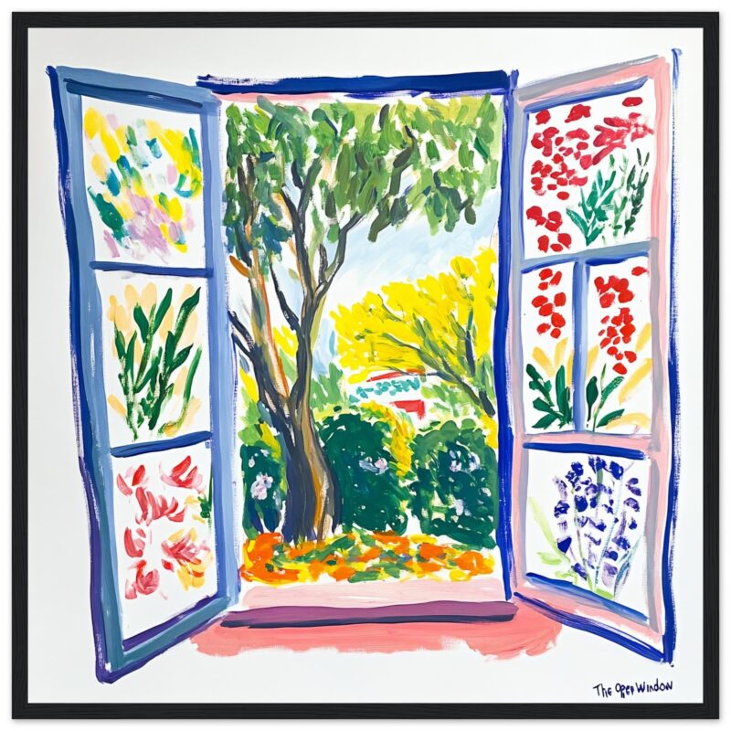 Puerta abierta con vista a jardín colorido, estilo pintura acrílica, arte contemporáneo, obra original de Digiart Studio.