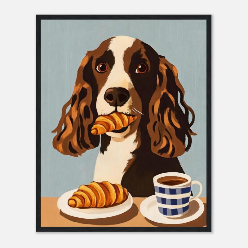 Perro ovejero con croissant y taza de café, arte digital, diseño de ilustración moderna.