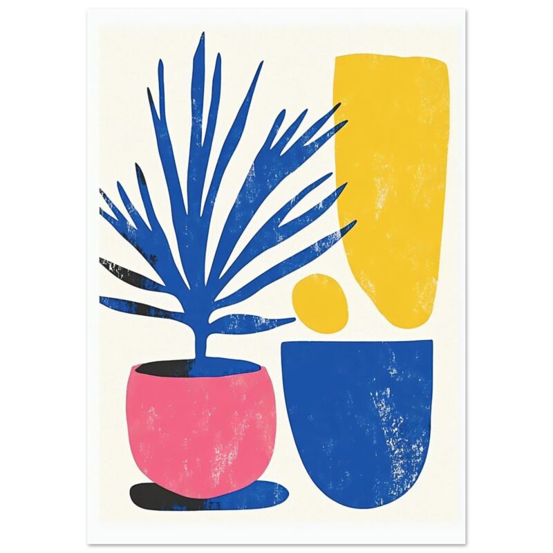 Vaso y planta en estilo minimalista, arte abstracto de colores vivos para decoración moderna.