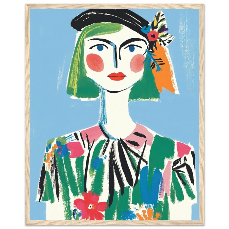 Colorful abstract portrait of a woman with floral accessories.