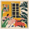 Dibujo de sala moderna con plantas decorativas y ventanas grandes, estilo artístico contemporáneo.