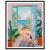 Puerta abierta con vista al mar y plantas en macetas, pintura de estilo tropical y vibrante, decoración de interior con aire mediterráneo.