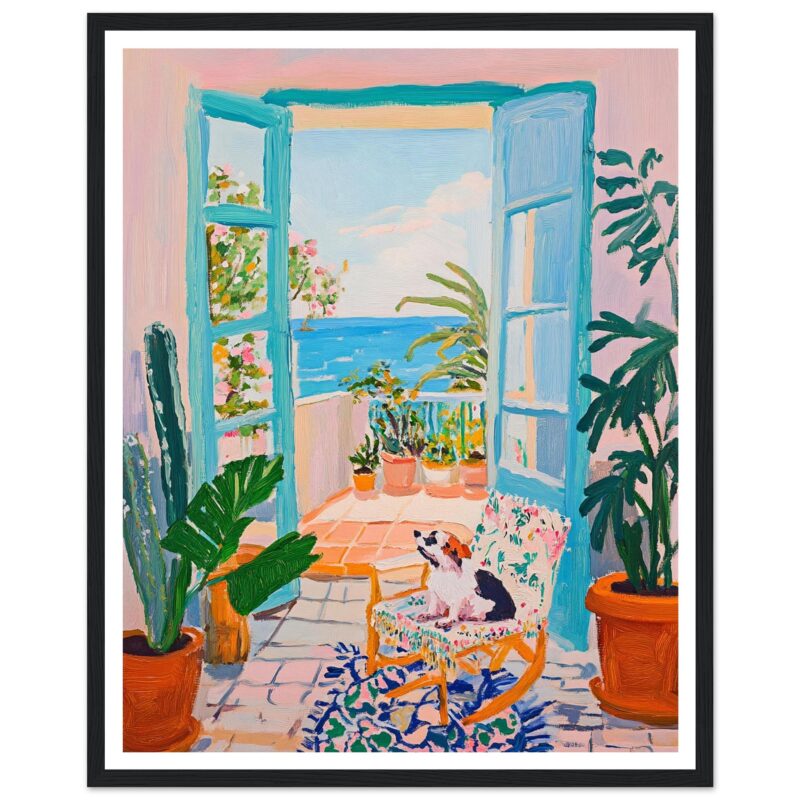 Puerta abierta con vista al mar y plantas en macetas, pintura de estilo tropical y vibrante, decoración de interior con aire mediterráneo.