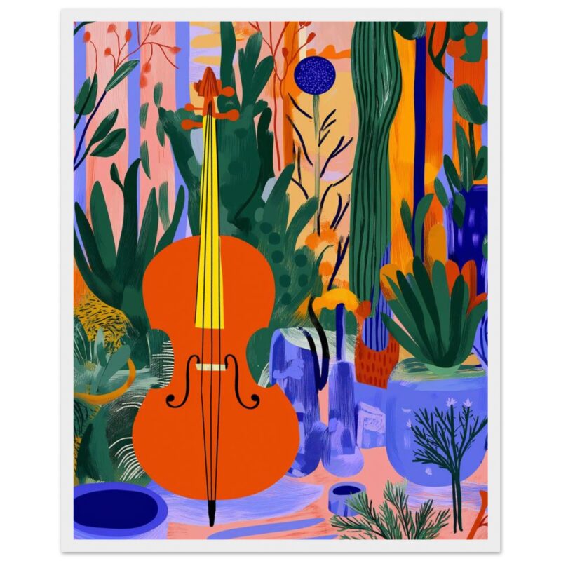 Ciencia ficción, naturaleza, música, instrumentos, arte digital, ilustración moderna, estilo colorido, creación artística para interiores.