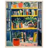 Libros y plantas en estantería, pintura moderna con colores vibrantes, estilo expresionista.
