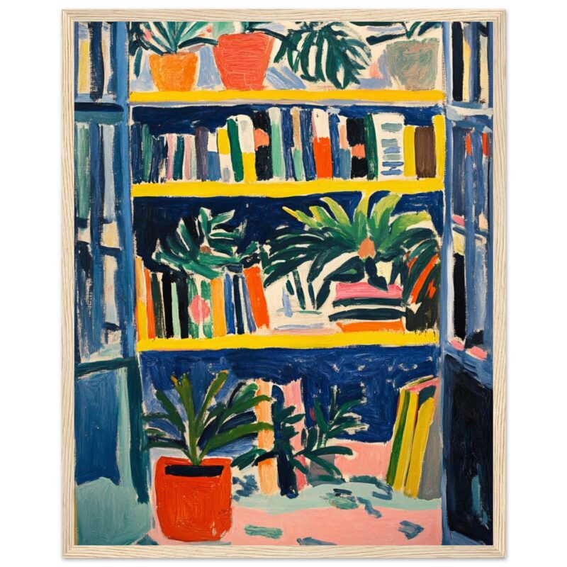 Libros y plantas en estantería, pintura moderna con colores vibrantes, estilo expresionista.