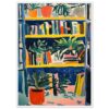 Libros y plantas en estantería de colores vibrantes, estilo artístico moderno y colorido.